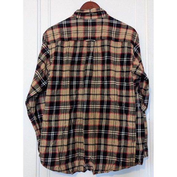 Redhead Mens Large Long Sleeve Flannel Shirt Tan Black Red Plaid Button Up - Picture 2 of 3